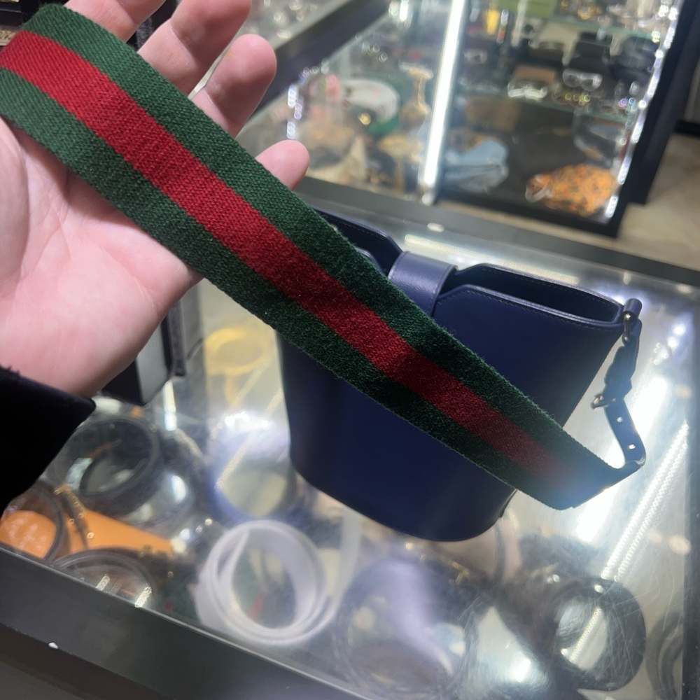 Women’s Navy Leather Bucket Bag with Green-Red Strap - Picture 5 of 16